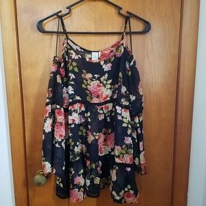 Black Sheer Rose Bell Sleeve Top